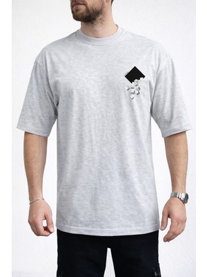 Caddekombin Erkek Kübik Form Detaylı Bisiklet Yaka Gri T-Shirt