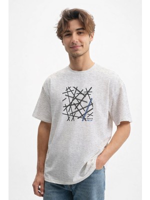 Caddekombin Erkek Çizgisel Grafik Tasarımlı Bisiklet Yaka Gri T-Shirt