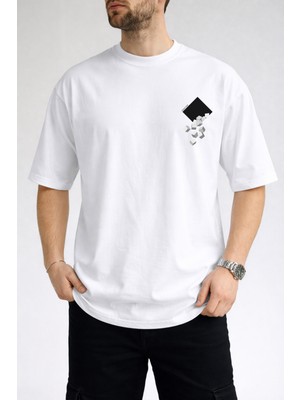 Caddekombin Erkek Kübik Form Detaylı Bisiklet Yaka Beyaz T-Shirt