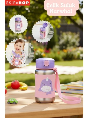 Skip Hop Pipetli Paslanmaz Çelik Suluk 350ML Narwhal Renkli Kaymaz Silikon Kılıf ile 3 Yaş ve Üstü İçin