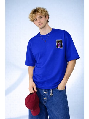 Caddekombin Erkek Neon Rönesans: David Büstü Neon Grafik Baskılı Saks Mavi T-Shirt