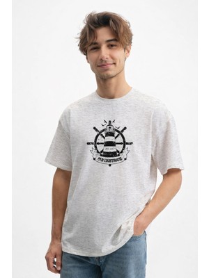 Caddekombin Erkek Deniz Tutkusu: Old Lighthouse Baskılı Gri T-Shirt