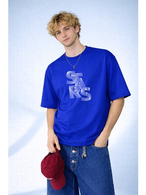 Caddekombin Erkek Stars Yazılı Ip Sanatı Tasarımlı Bisiklet Yaka Saks Mavi T-Shirt