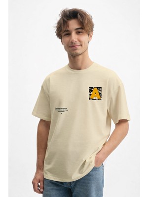 Caddekombin Erkek Baskılı 100 Yüz Pamuk Bisiklet Yaka Bej T-Shirt