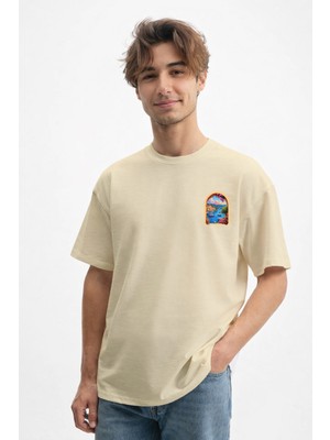 Caddekombin Erkek Akdeniz Limanı Tasarım 100 Yüz Pamuk Bej T-Shirt