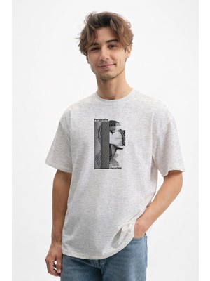 Caddekombin Erkek Dijital Bozulma ve Silüet Desenli 100 Yüz Pamuk Gri T-Shirt
