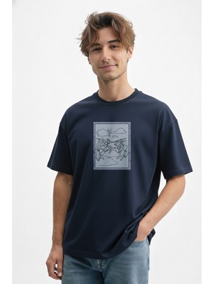 Caddekombin Erkek Şövalye Düellosu Baskılı Bisiklet Yaka Pamuklu Lacivert T-Shirt