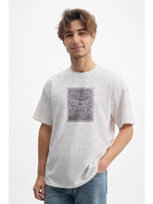 Caddekombin Erkek Şövalye Düellosu Baskılı Bisiklet Yaka Pamuklu Gri T-Shirt