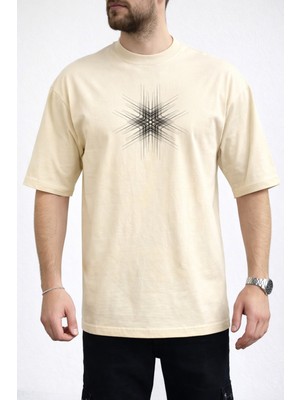 Caddekombin Erkek Geometrik Yıldız Patlaması Bisiklet Yaka Bej T-Shirt