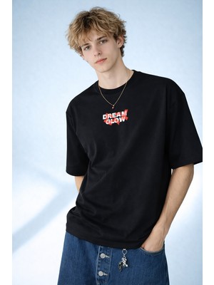 Caddekombin Erkek Dream Glow Baskılı Modern Sokak Stili Siyah T-Shirt