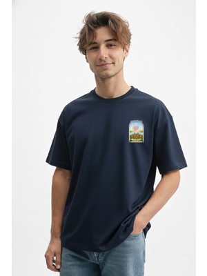 Caddekombin Erkek Art Nouveau Pencere Tasarımlı Lacivert T-Shirt