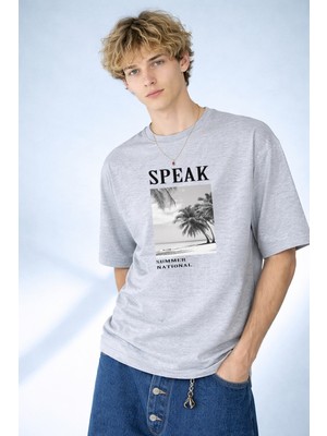 Caddekombin Erkek Speak Summer National Baskılı Palmiye Desenli Bisiklet Yaka Gri T-Shirt