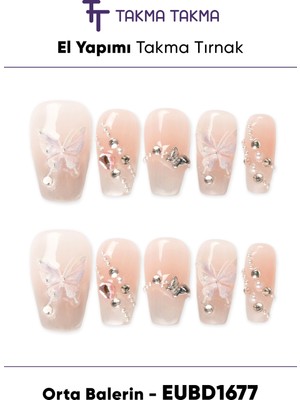 Takma Takma EUBD1677 Orta Balerin 10'lu Tekrar Kullanılabilir El Yapımı Protez Takma Tırnak Ten Rengi-S