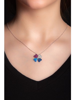 PremiumPort Parlak Zirkon Taşlı Gümüş Altın Kaplama Yonca Kolye