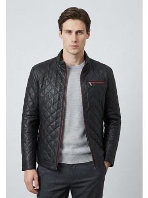 Felix Hardy Siyah Kapitone Desenli ve Kırmızı Fermuarlı Deri Mont