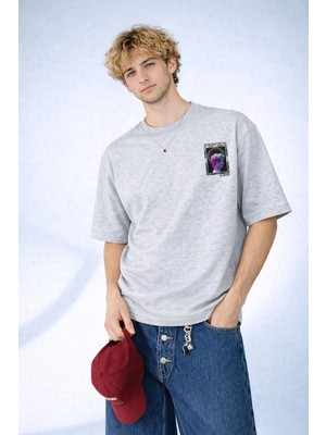 Caddekombin Erkek Neon Rönesans: David Büstü Neon Grafik Baskılı Gri T-Shirt