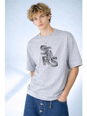 Caddekombin Erkek Stars Yazılı Ip Sanatı Tasarımlı Bisiklet Yaka Gri T-Shirt