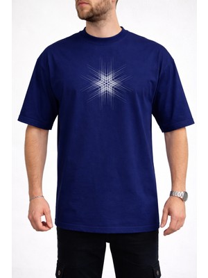 Caddekombin Erkek Geometrik Yıldız Patlaması Bisiklet Yaka Lacivert T-Shirt
