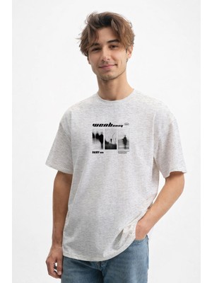 Caddekombin Erkek Soyut Figür Tasarımlı Bisiklet Yaka Gri T-Shirt