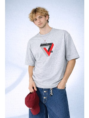Caddekombin Erkek Trinity & Force Baskılı Geometrik Üçgen Tasarım Gri T-Shirt