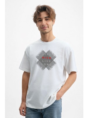 Caddekombin Erkek Live Rich Live Long Yazı Baskılı 100 Yüz Pamuk Beyaz T-Shirt