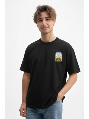 Caddekombin Erkek Art Nouveau Pencere Tasarımlı Siyah T-Shirt