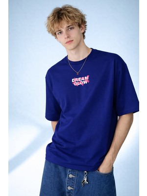 Caddekombin Erkek Dream Glow Baskılı Modern Sokak Stili Lacivert T-Shirt