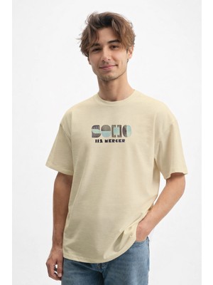 Caddekombin Erkek Soho New York Tasarımlı 100 Yüz Pamuk Bej T-Shirt