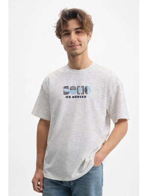 Caddekombin Erkek Soho New York Tasarımlı 100 Yüz Pamuk Gri T-Shirt