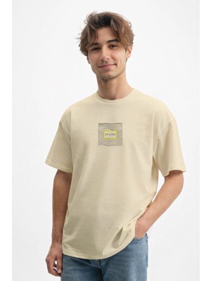 Caddekombin Erkek Oceano Yazı Baskılı 100 Yüz Pamuk Bej T-Shirt