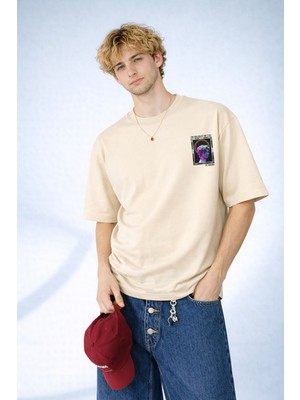 Caddekombin Erkek Neon Rönesans: David Büstü Neon Grafik Baskılı Yaka Bej T-Shirt