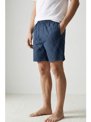 elemge Pamuk Elastan Erkek Şort Pijama Cepli Lacivert Ince Penye Desenli Esnek Rahat Kalıp Lastikli Terletmez Likralı