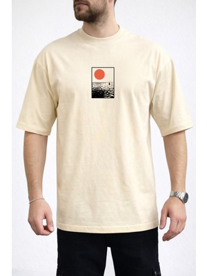 Caddekombin Erkek Yükselen Güneş ve Deniz Dalgalı Bej T-Shirt
