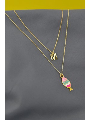 PremiumPort 925 Gümüş Altın Kaplama Mineli Balık ve M Harf Asansör Kolye