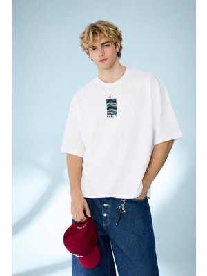 Caddekombin Erkek Geometrik Marine Tasarımlı Yuvarlak Yaka Beyaz T-Shirt