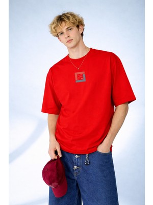 Caddekombin Erkek Life Loop Hi Baskılı Geometrik Desenli Bisiklet Yaka Kırmızı T-Shirt