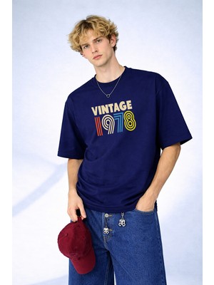 Caddekombin Erkek Nostaljik Tasarım 1978 Baskılı Bisiklet Yaka Lacivert T-Shirt