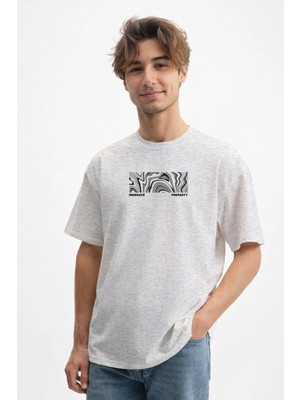 Caddekombin Erkek Soyut Grafik Baskılı 100 Yüz Pamuk Gri T-Shirt
