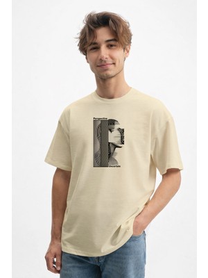 Caddekombin Erkek Dijital Bozulma ve Silüet Desenli 100 Yüz Pamuk Bej T-Shirt