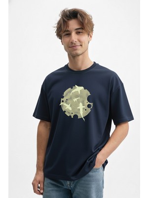 Caddekombin Erkek Modern Optik Ilizyon Grafik Baskılı Lacivert T-Shirt