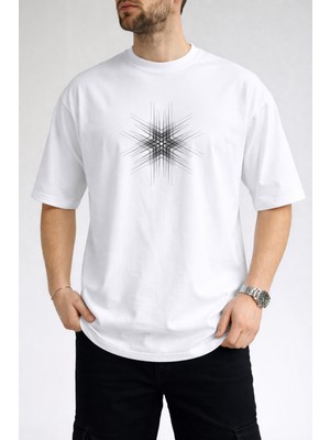 Caddekombin Erkek Geometrik Yıldız Patlaması Bisiklet Yaka Beyaz T-Shirt