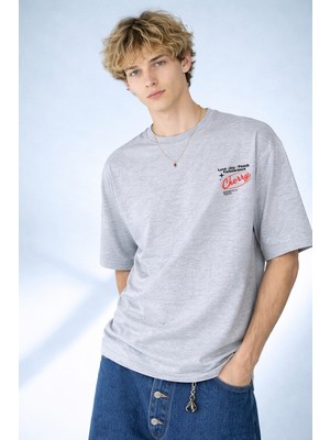 Caddekombin Erkek Cherry Tipografi Baskılı Bisiklet Yaka Gri T-Shirt