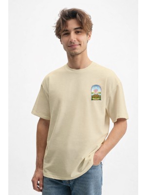 Caddekombin Erkek Art Nouveau Pencere Tasarımlı Bej T-Shirt