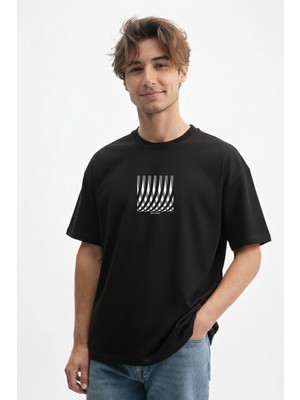 Caddekombin Erkek Geometrik Çizgi Baskılı Bisiklet Yaka Siyah T-Shirt