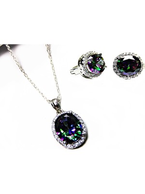 PremiumPort Gümüş Oval Mistik Topaz Taşlı Zarif Kadın Takımı