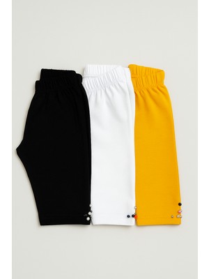 Mini Kanka Kız Çocuk 3’lü Tayt Seti – Siyah Beyaz Sarı, Boncuk Detaylı, Diz Altı Boy