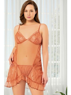 Homay Büyük Beden Dantel Işlemeli Fırfır Kenarlıklı Tül Gecelik