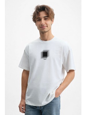 Caddekombin Erkek Izometrik Çizgi Detaylı 100 Yüz Pamuk Beyaz T-Shirt