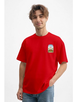 Caddekombin Erkek Art Nouveau Pencere Tasarımlı Kırmızı T-Shirt