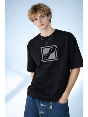 Caddekombin Erkek Soyut Akışkan Çizgi Tasarımlı Bisiklet Yaka Siyah T-Shirt